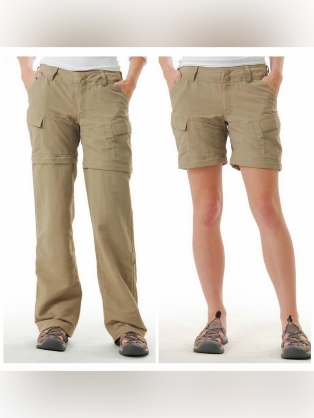NorthFace Khaki Cargo Convertible Hiking Tan Pant - Women’s Size 10. Nylon.